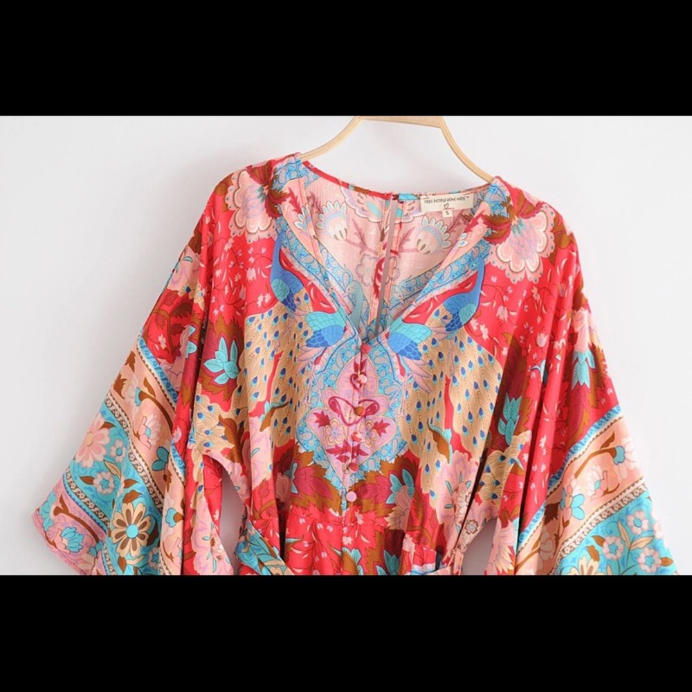 NEW Sexy Peacock Red Boho Lotus Kimono Romper - Picture 7 of 8